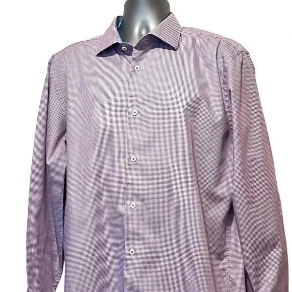 Bugatchi Uomo Mini Check Plaid Cotton Pink Blue Button Down Mens 17 34 / 35 - Picture 12 of 12